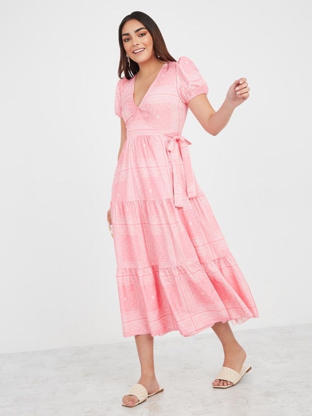 Never Fully Dressed Women’s Pink and White Bandana Paisley Wrap Midi Dress